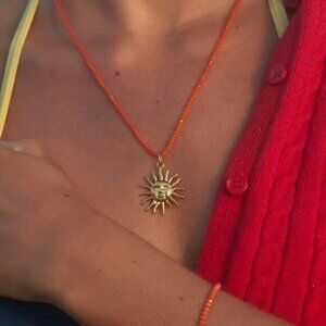 Summer Necklace Gold Sun Pendant Waterproof Non Tarnish Layering Necklace Orange